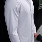 Man wearing a white Never-Iron Work Shirt highlighting its smooth, wrinkle-free fabric and tailored fit.