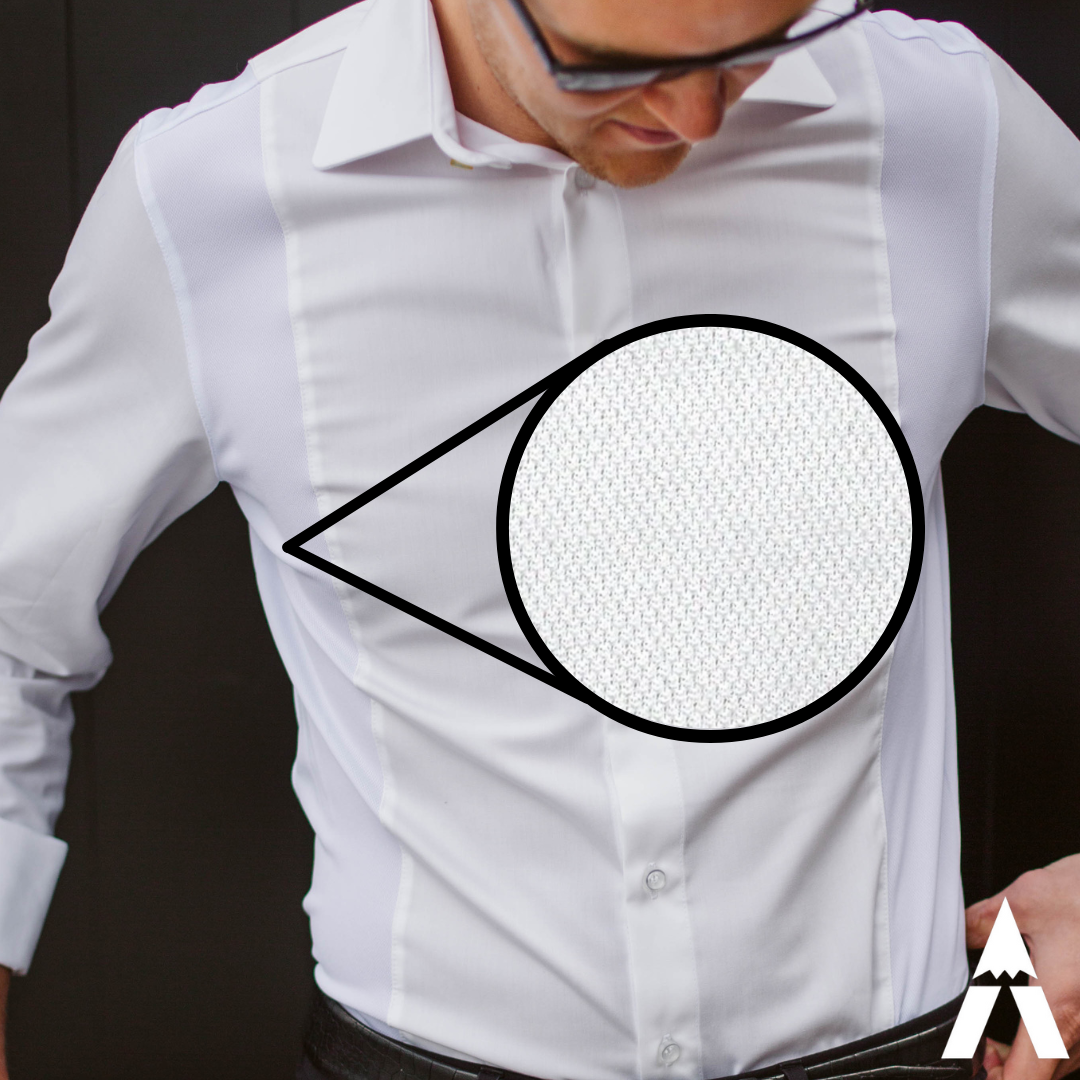 male model wearing a white sweat wicking dress shirt designed for the restaurant industry