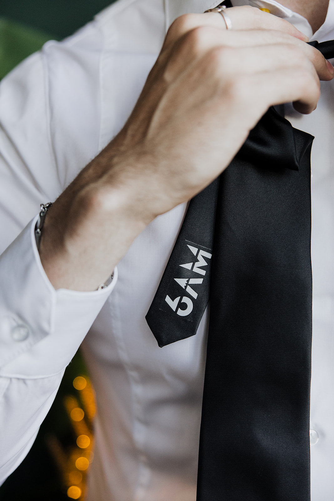 6AM Formal Black Tie in black satin with 6AM logo on tail, perfect for pairing with 6AM WorkShirt.