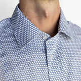 Men's HEX Nº 6 WorkShirt in Glacier, close-up of collar and hex pattern