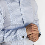 Men's HEX Nº 6 WorkShirt in Glacier, long sleeve close-up while adjusting cuff