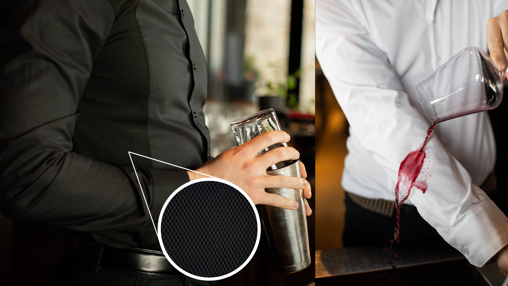 Model holding shaker tin in black dress shirt beside model pouring red wine onto white spill resistant dress shirt