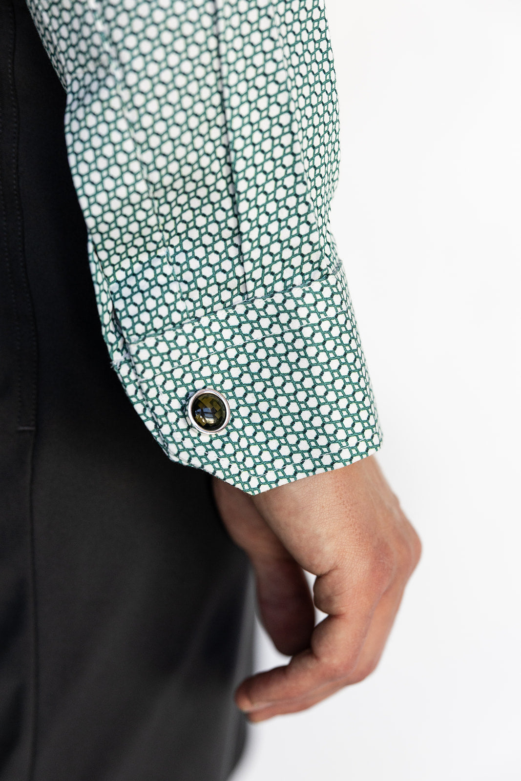 Men's HEX Nº 6 WorkShirt in Emerald, close-up of cuff and hex pattern