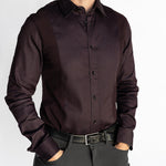 Man wearing the Bordeaux Arrowhead WorkShirt in a deep burgundy and black geometric pattern, front view.