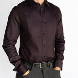 Man wearing the Bordeaux Arrowhead WorkShirt in a deep burgundy and black geometric pattern, front view.