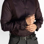 Men's Bordeaux Arrowhead WorkShirt in burgundy and black, showing the front fit, buttons and geometric pattern.