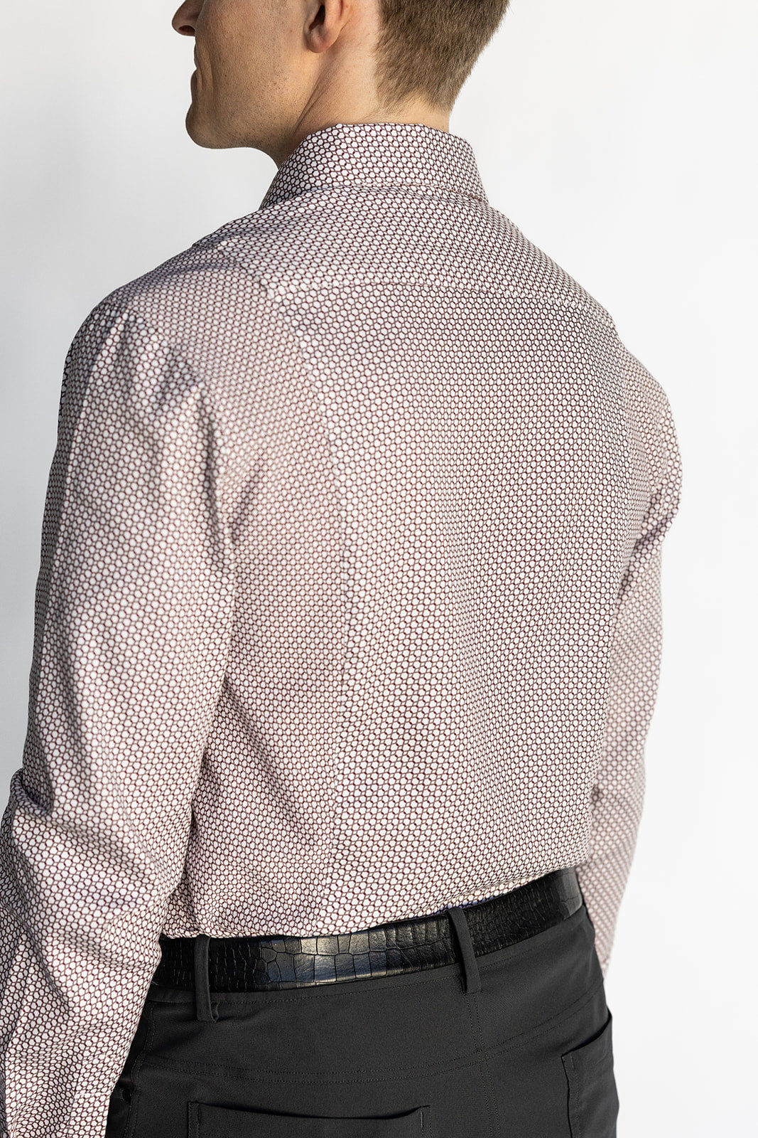 Men's HEX Nº 6 WorkShirt in Ruby, long sleeve back and side view