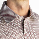 Men's HEX Nº 6 WorkShirt in Ruby, close-up of collar and hex pattern