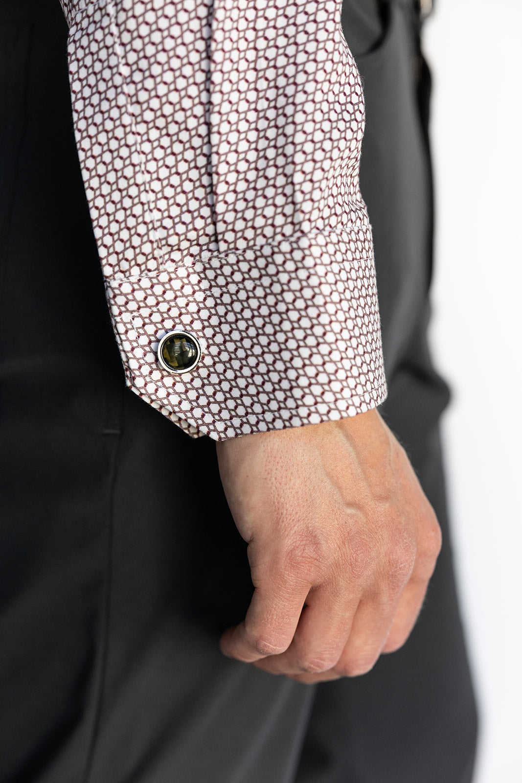 Men's HEX Nº 6 WorkShirt in Ruby, close-up of cuff and hex pattern
