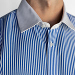 Close-up of a person wearing a blue and white striped shirt with a gray collar.