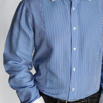 Blue and white striped shirt with a gray collar on a plain background