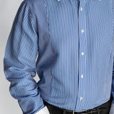 Blue and white striped shirt with a gray collar on a plain background