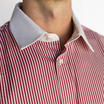 Close-up of a red and white striped shirt with a collar.