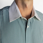 Close-up of a person wearing a green and white striped shirt with a gray collar.