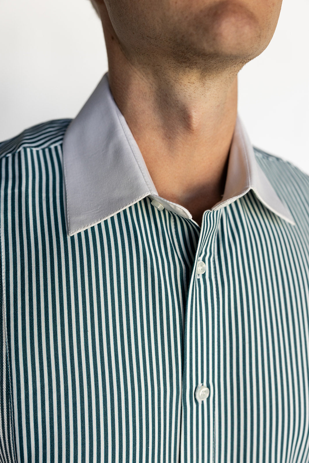 Close-up of a person wearing a green and white striped shirt with a gray collar.