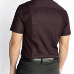 Back view of the men's short-sleeve Bordeaux Arrowhead WorkShirt showing the burgundy and black geometric pattern and tailored fit.