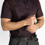 Men's short-sleeve Bordeaux Arrowhead WorkShirt in burgundy and black, shown from the front with dark trousers.