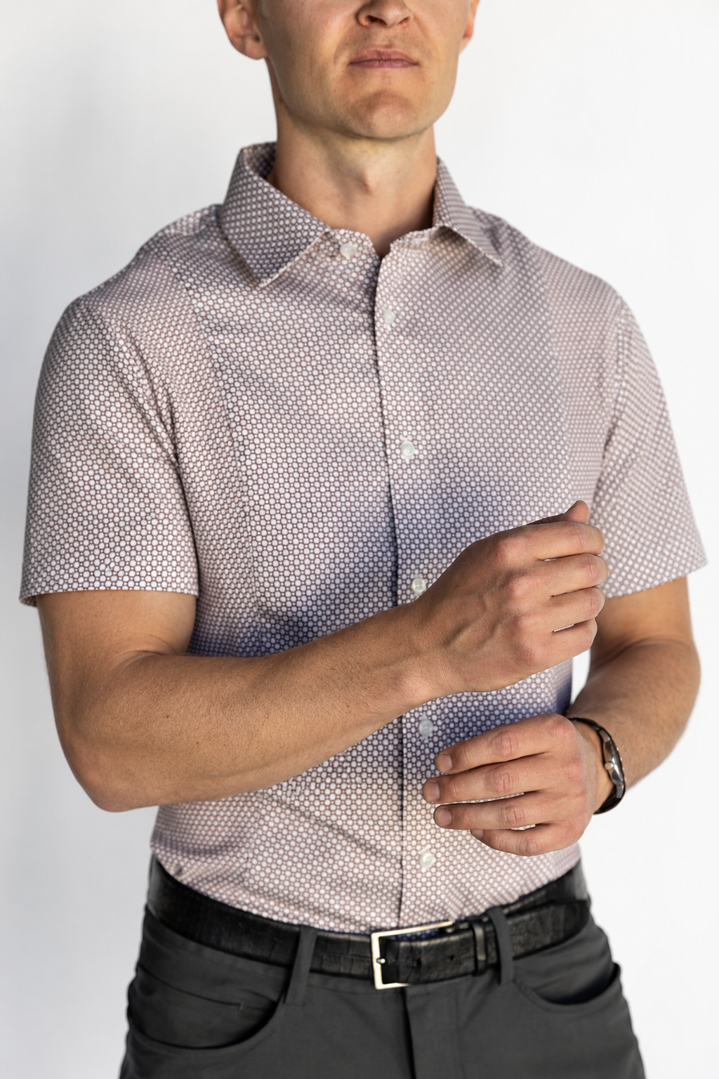 Men's HEX Nº 6 WorkShirt in Ruby, short sleeve front lifestyle view