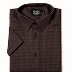 Folded men's short-sleeve Bordeaux Arrowhead WorkShirt showing the burgundy and black pattern, collar and buttons.