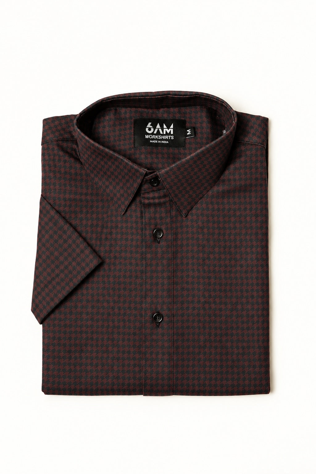 Folded men's short-sleeve Bordeaux Arrowhead WorkShirt showing the burgundy and black pattern, collar and buttons.
